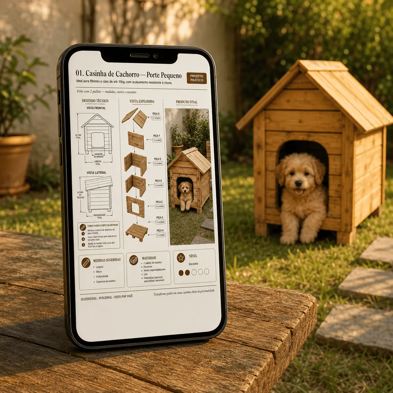 Mockup de smartphone exibindo o material digital sobre casinhas de pallet